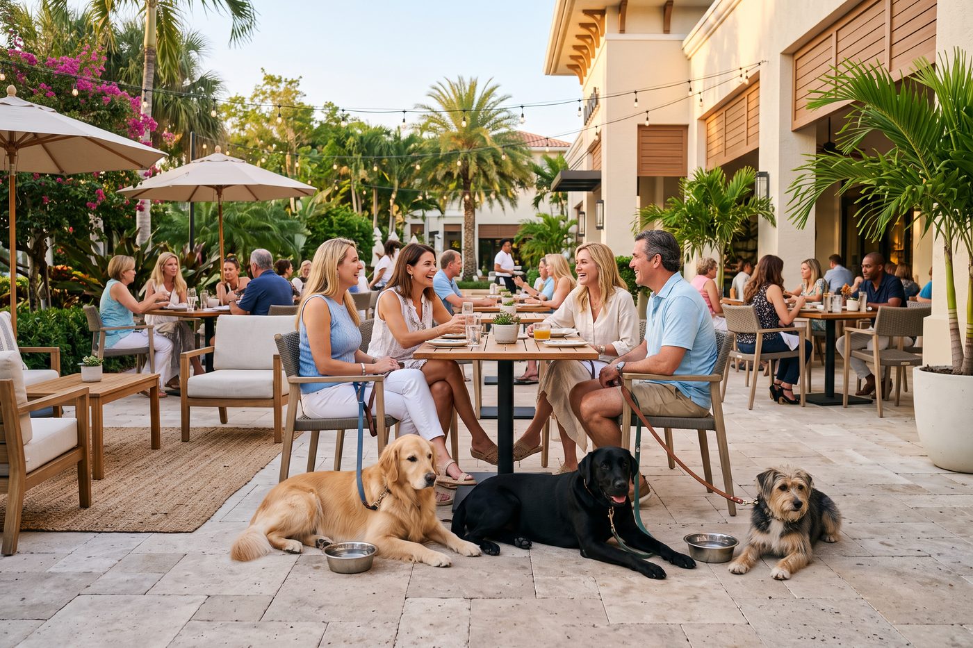 Dogs resting beside water bowls on a South Florida restaurant patio