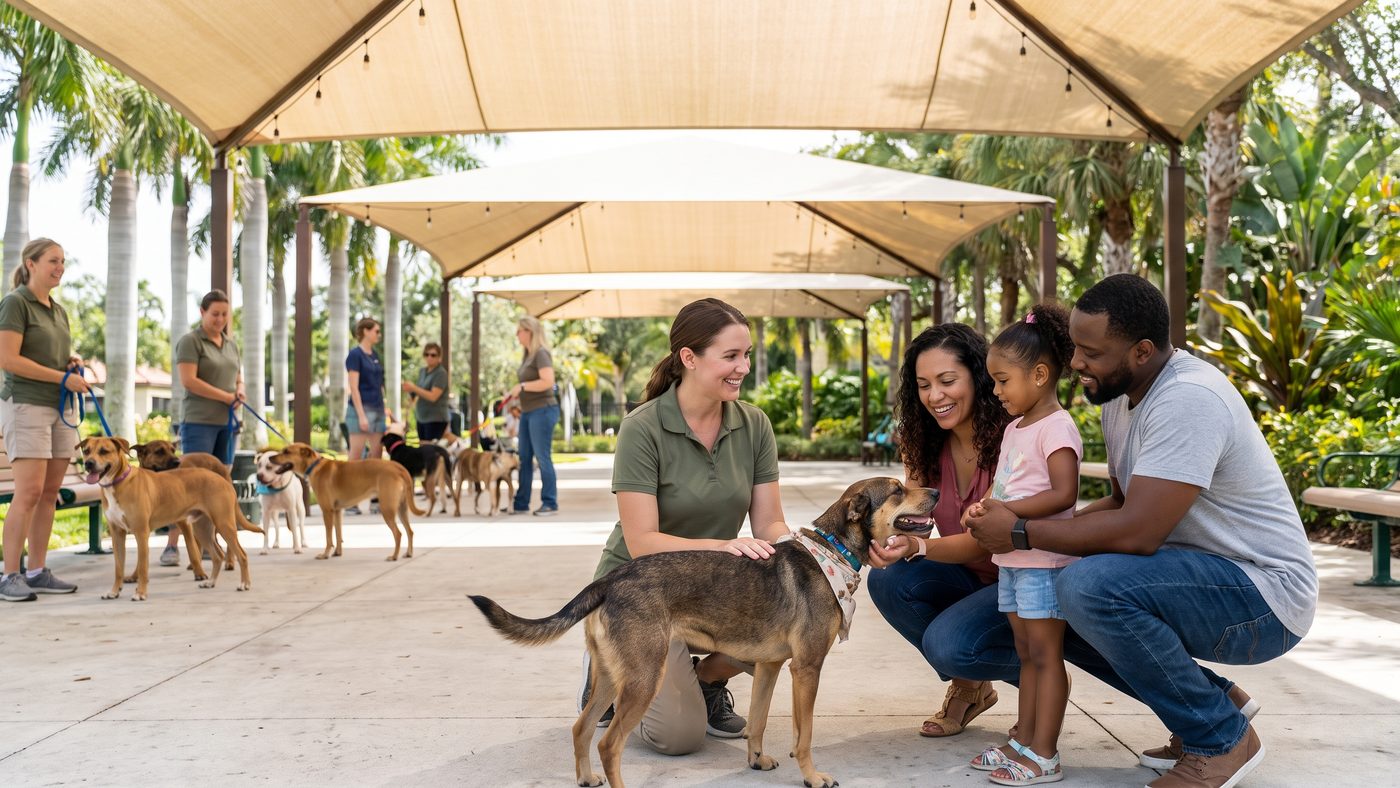A volunteer introduces an adoptable dog to a family at a South Florida rescue event