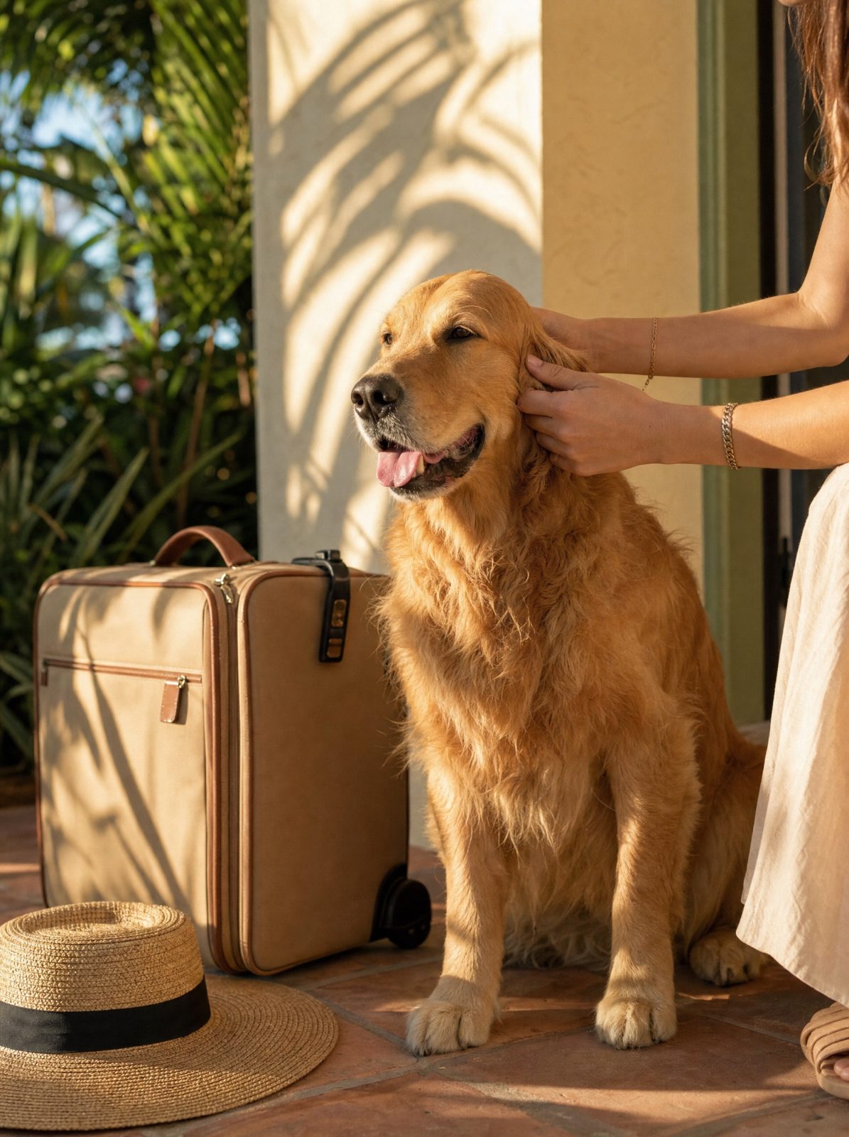 A golden retriever sitting calmly beside a packed suitcase on a sunlit porch