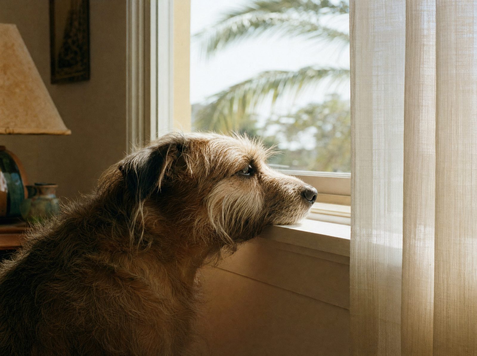 A small terrier waiting by a sunlit window